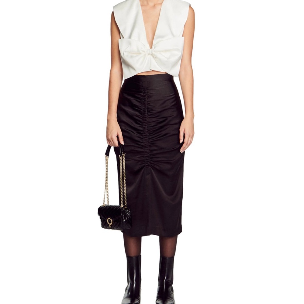 Sandro White Bow Top with Black Pencil Skirt